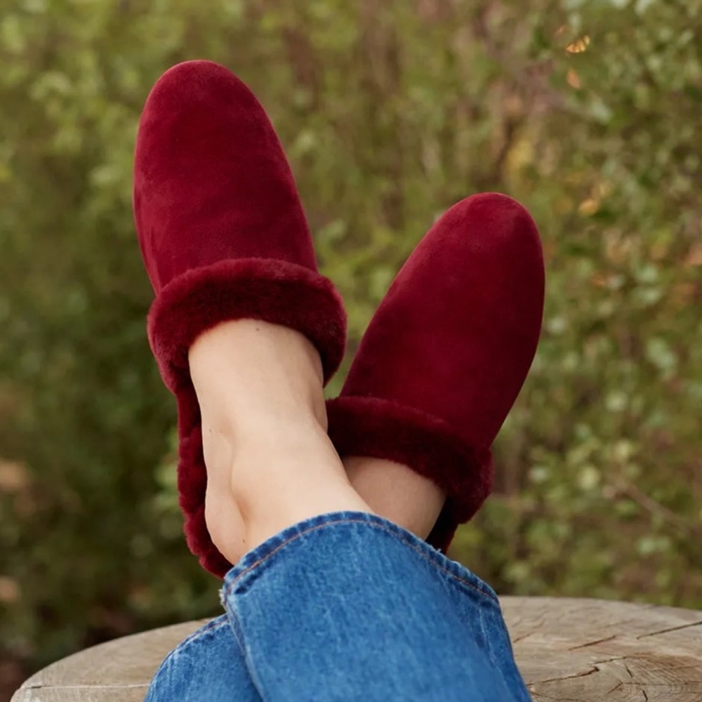 Birdies The Songbird Merlot Suede Faux Fur Slides Slippers Size 9 NIB